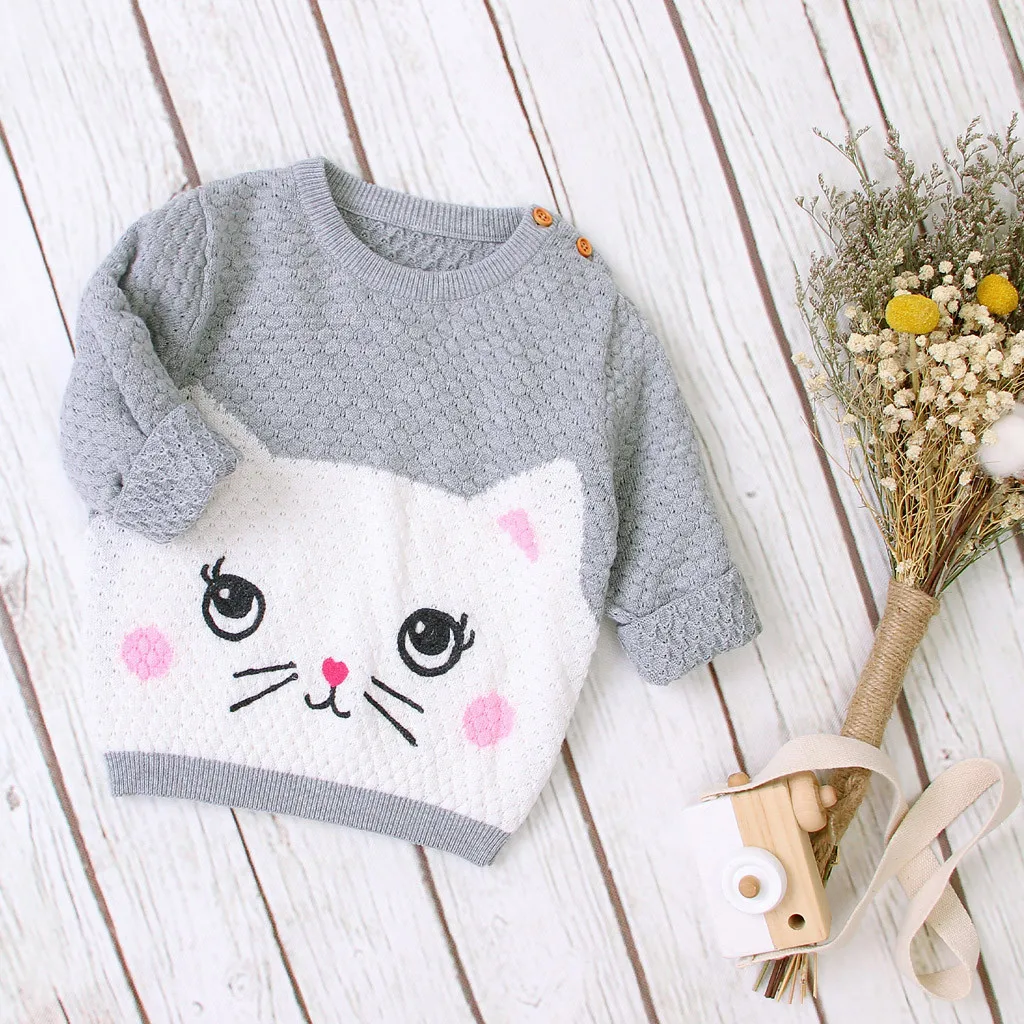 Свитера для маленьких девочек; зимние вязаные топы с рисунком кота; теплый вязаный свитер с капюшоном; зимняя одежда для маленьких девочек; пуловер;# A25