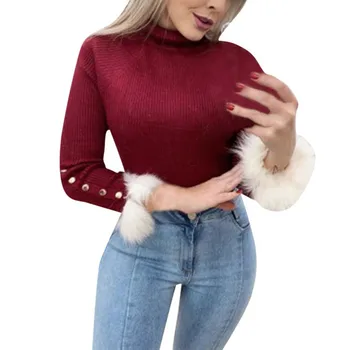 

Featured Plush Lace Women Autumn Winter Solid Color Button Long-Sleeved High Collar Slim Bottom Sweater Flufy