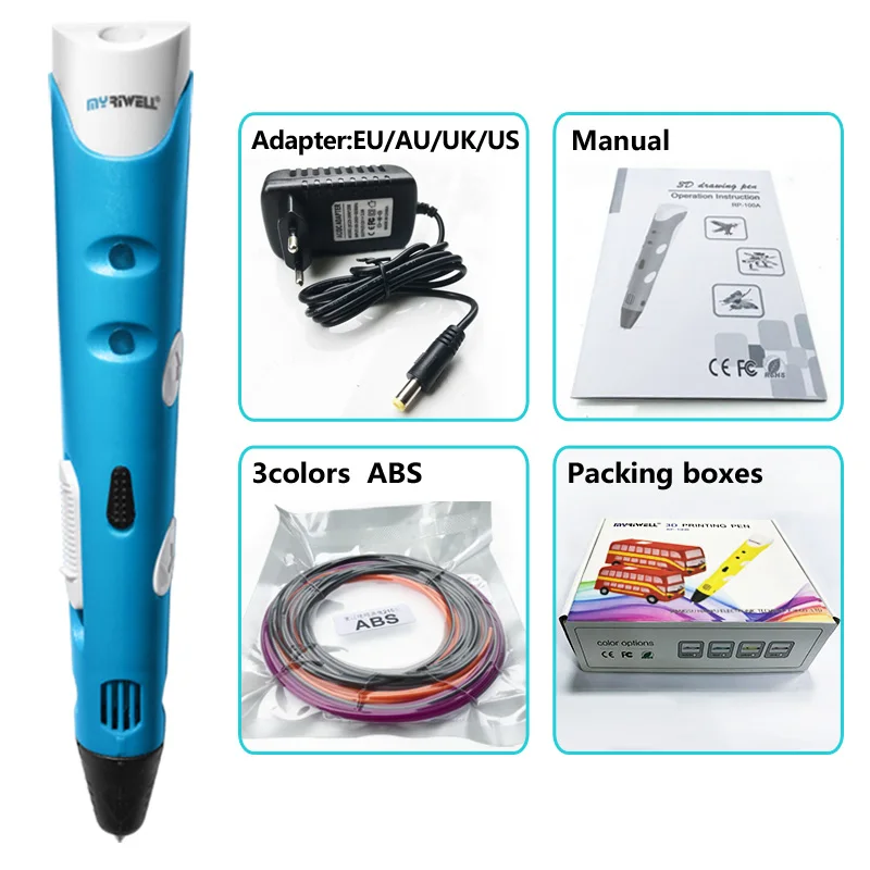 Blue pen Myriwell 3d Ручка 3d ручки, 1,75 мм ABS/PLA нити, 3 d pen3d модель, Creative3d ручка для печати, лучший подарок для детей DIY креативный, pen-3d - Цвет: Blue pen