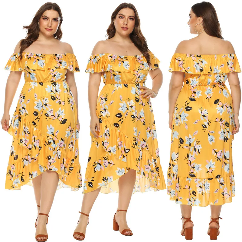 

Women Cover Ups Swimwear Beach Robe Coverup Skirts Plus Size Swimsuit Woman Dress Flower Prints Word Irregular Leaf Hem