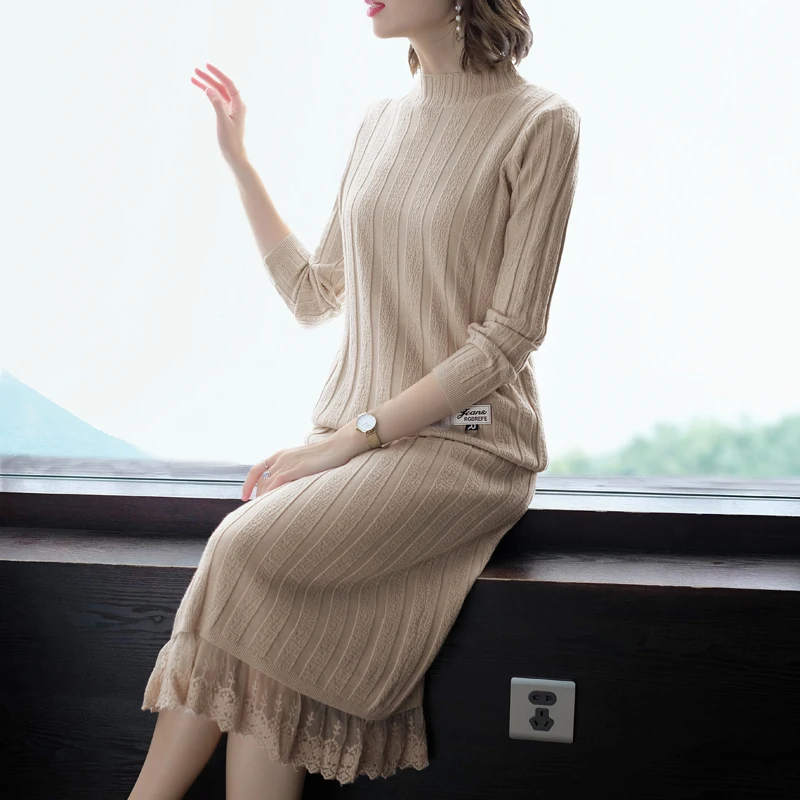 

Autumn New Lace Fashion Sweater Women's Dress Long Sleeved Suit Two Piece Sweaters Women Invierno 2019 Brown Black