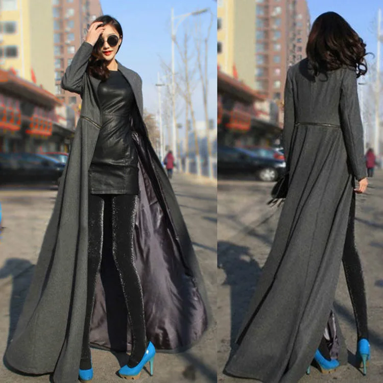 Goddess Slim Fit похудение Большой Подол щель Mopping Exta-длинное шерстяное пальто Тренч