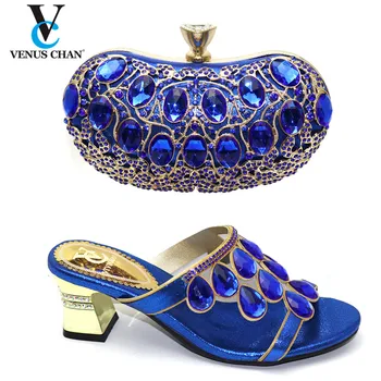 

Blue Color Ladies Italian Shoes and Bag Set Decorated with Rhinestone African Shoes with Matching Bags Party Shoes