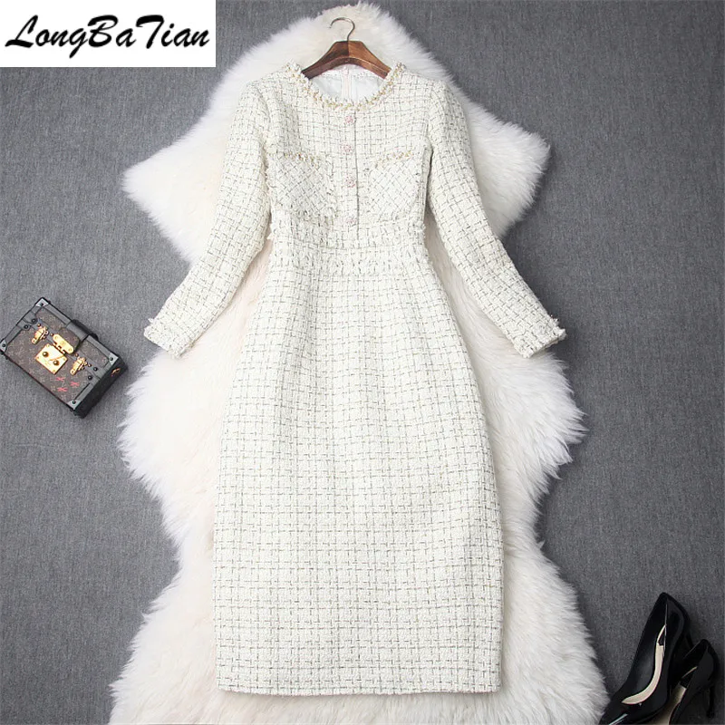 

Medium Long Vintage Tweed New Beaded Buttons Straight Women Three Quarter Sleeve O-Neck Party Dress