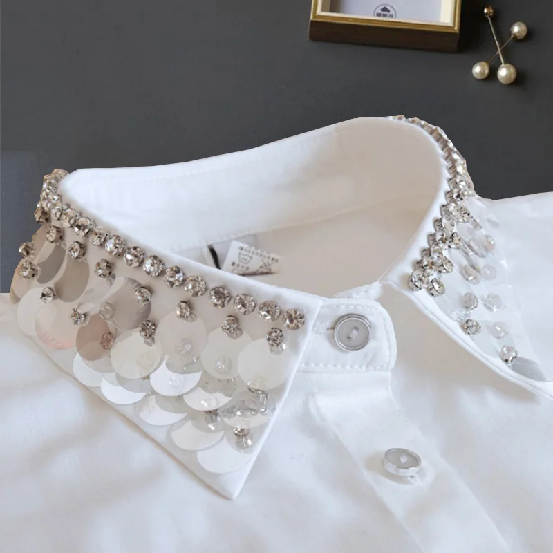 

Elegant Sequined Fake Collar Women Detachable Collars White Beaded False Collars Woman Removable Half Shirt Faux Col Chemisie