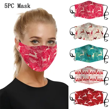 

5PCS Adults Christmas Print Mouth Masks Protection Fashion Reusable Face Mask Washable Earloop Pluggable Filter mascarilas F