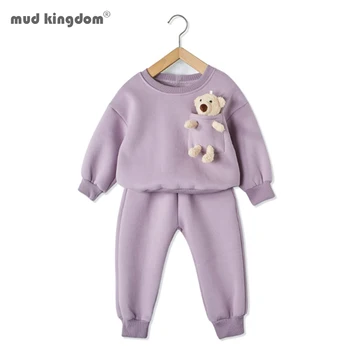 Mudkingdom Winter Autumn Girl Clothes Set  Striped Outfits with Bear Plush Toy Casual Kid Clothes 1