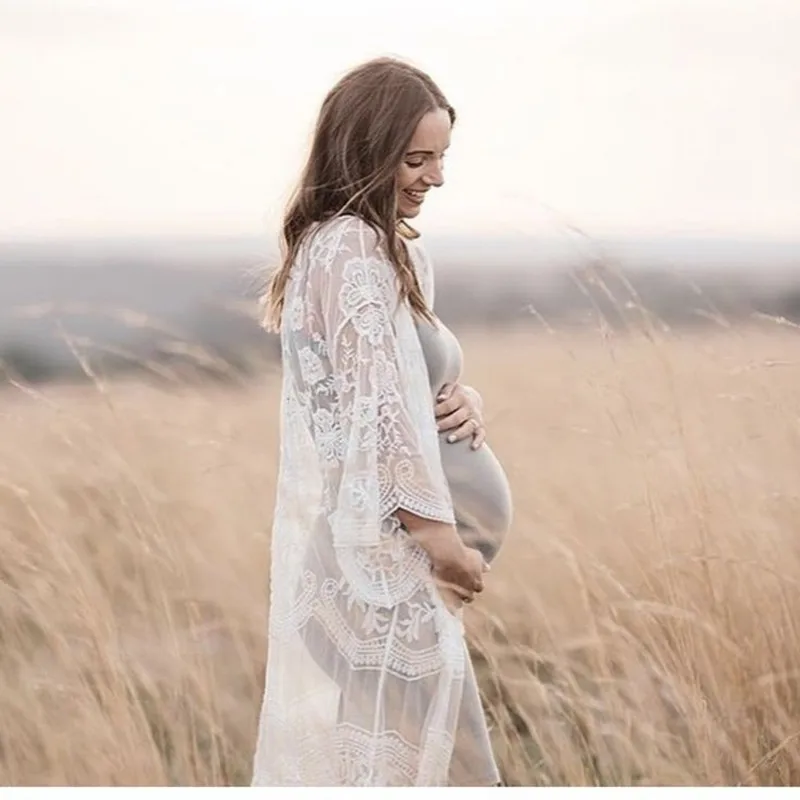 

Boho Maternity Photography Kimono Dresses Crochet Lace Pregnancy Photo Shoot Dress See Through