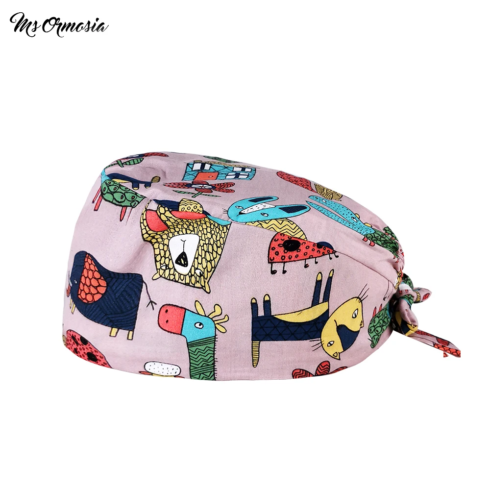 

Pet Health Service Center spa scrub cap Animal Cartoons print unisex Laboratory work Tail hat Head Scrub Accessories scrub hat