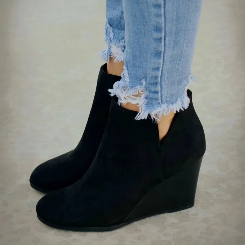 vertvie Pointed Toe Booties Winter Women Leopard Ankle Boots Footwear Platform High Heels Wedges Shoes Woman Bota Feminina - Цвет: Black
