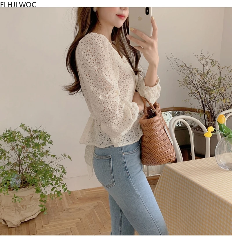 Hollow Out Crochet Lace Chic Short Crop Tops Cute Lolita Sweet Girls Peplum Lace-Up Bow Tie Blouse Single Breasted Button Shirt 6