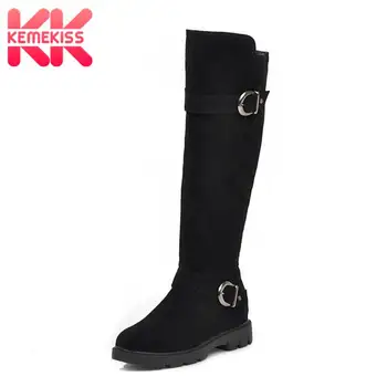 

KemeKiss Women Knee High Boots Fashion Metal Buckle Flats Botas Mujer Keep Warm Fur Casual Zipper Knight Shoes Women Size 33-43