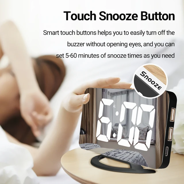 MICLOCK Digital Alarm Clock 7" Large LED Mirror Electronic Clocks with Touch Snooze Dual USB Charge Desk Wall Modern Clocks 5