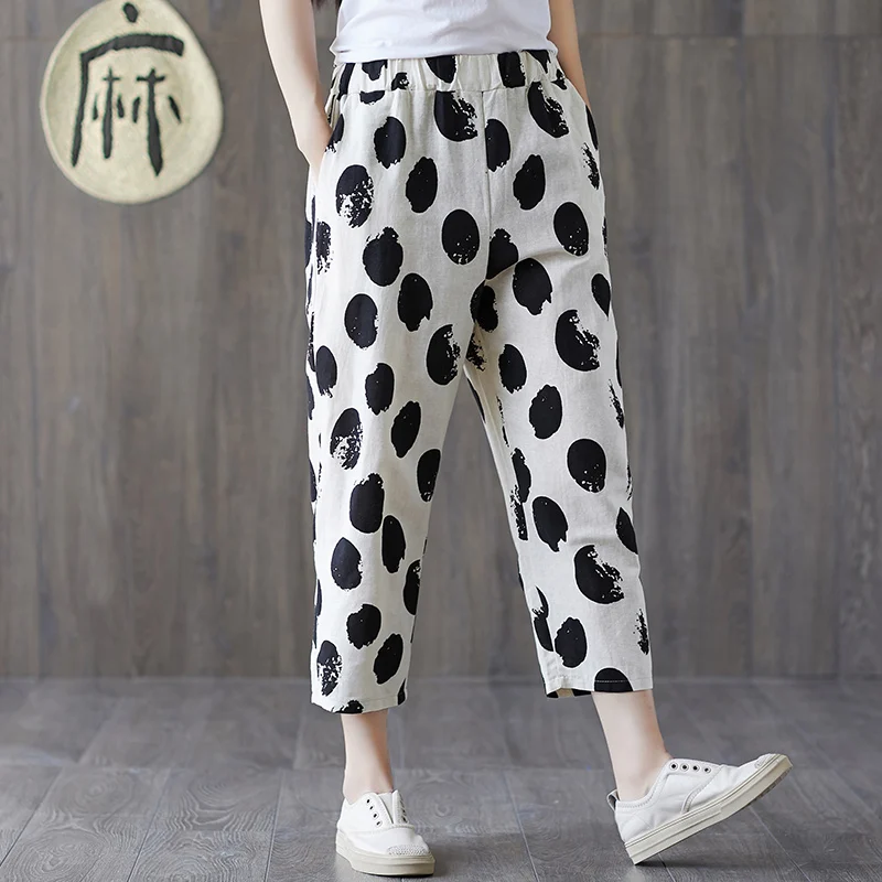 

Plus size New Cotton and Linen Pants Women Summer Autumn New National Style Print Pants Women's Large Size Casual Pants