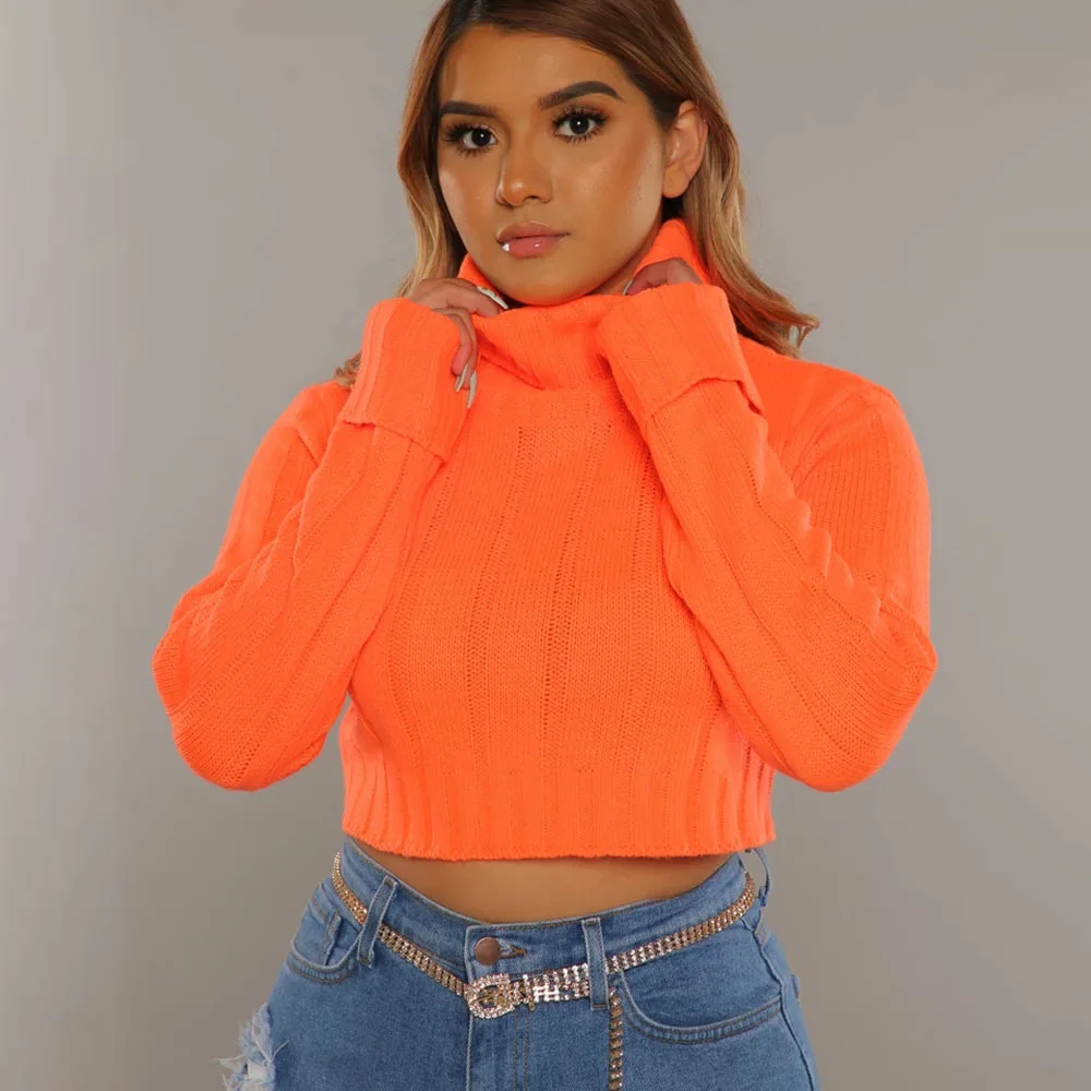Vrouwelijke Neon Oranje Roze Coltrui Crop Trui Vrouwen 2020 Herfst Winter  Kleding Sexy Gebreide Trui Tops|Truien| - AliExpress