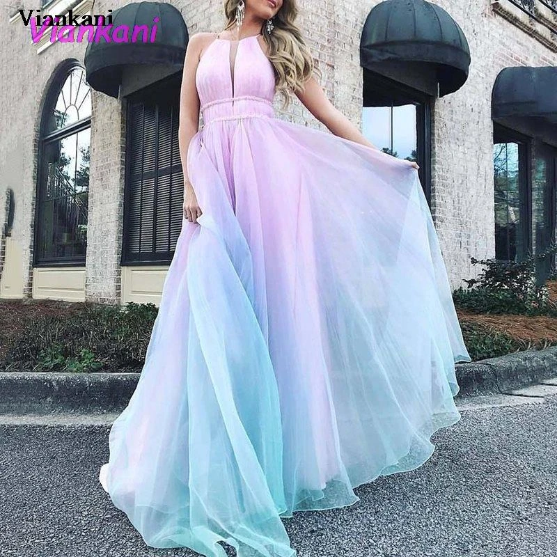 Vestido hasta el suelo para mujer, Vestido largo de fiesta de princesa con cuello Halter, sin mangas, de cintura alta, elegante, para boda, color rosa y azul|Vestidos| - AliExpress