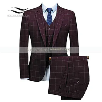 

2019 Royal Blue 3 Pieces Mens Suits Plaid Slim Fit Wedding Suits Groom Tweed Wool Tuxedos for Wedding (Jacket+Pants+Vest)
