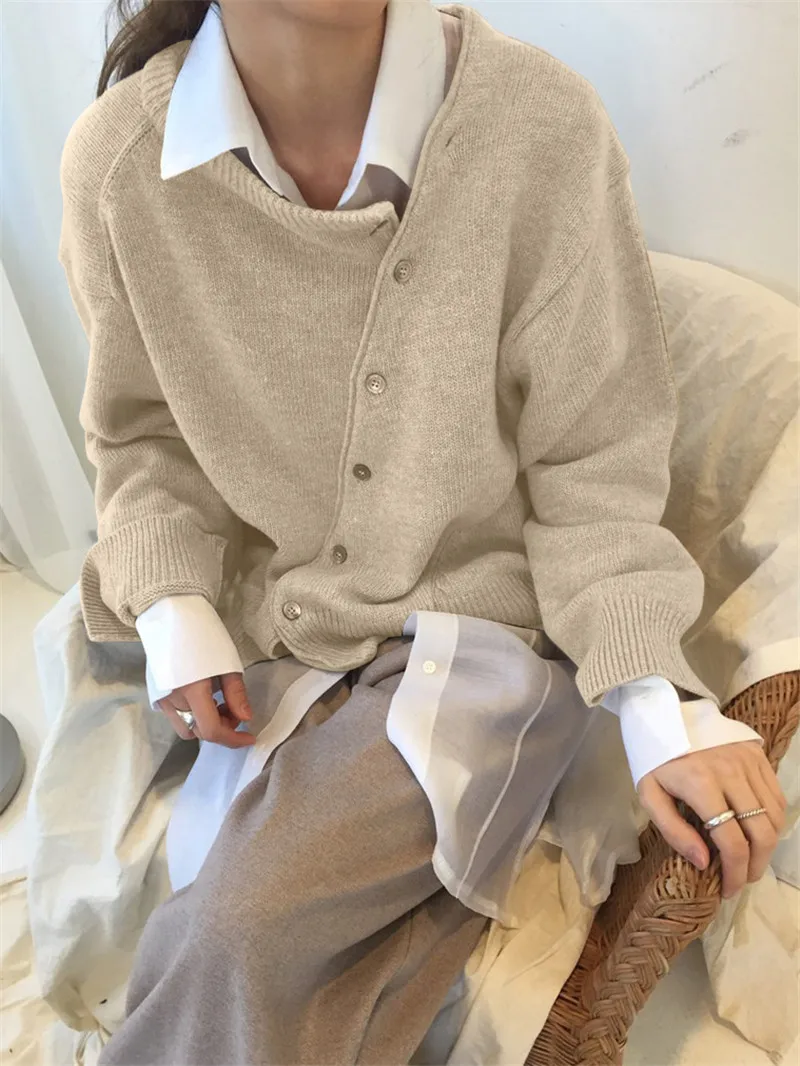 

Fashion irregular sweater slant buckle solid color polyester fiber ladies elegant autumn and winter new wild cardigan sweater XL