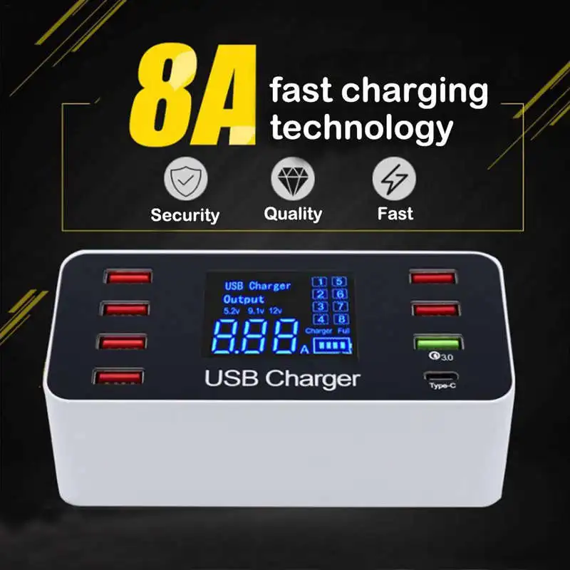 8 портов 8 A зарядное устройство адаптер концентратор Быстрая зарядка 3,0 USB с несколькими usb-портами Зарядное устройство Док-станция ЖК-дисплей, с Умной идентификацией, T