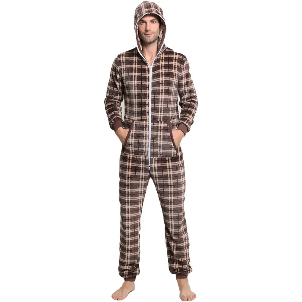 Winter Men's Thick Plaid Flannel One-piece Home Wear Jumpsuit Cool Summer Casual Sleepwear Men Pajamas