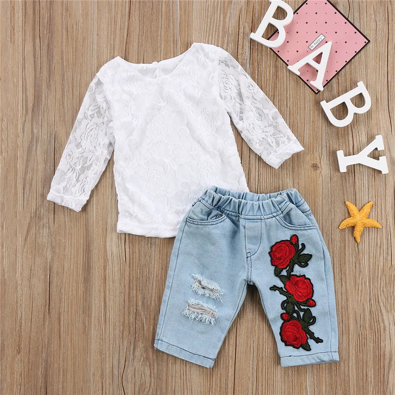2 pieces Floral Lace Shirt Top and Denim Pant Set For Toddler Girl Jeans Clothes