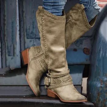 

Vintage Women's Riding Boots Solid Color Leather Knee-High Boots Woman Square Low-heeled Shoes Zipper Sewing Long Booties 2019