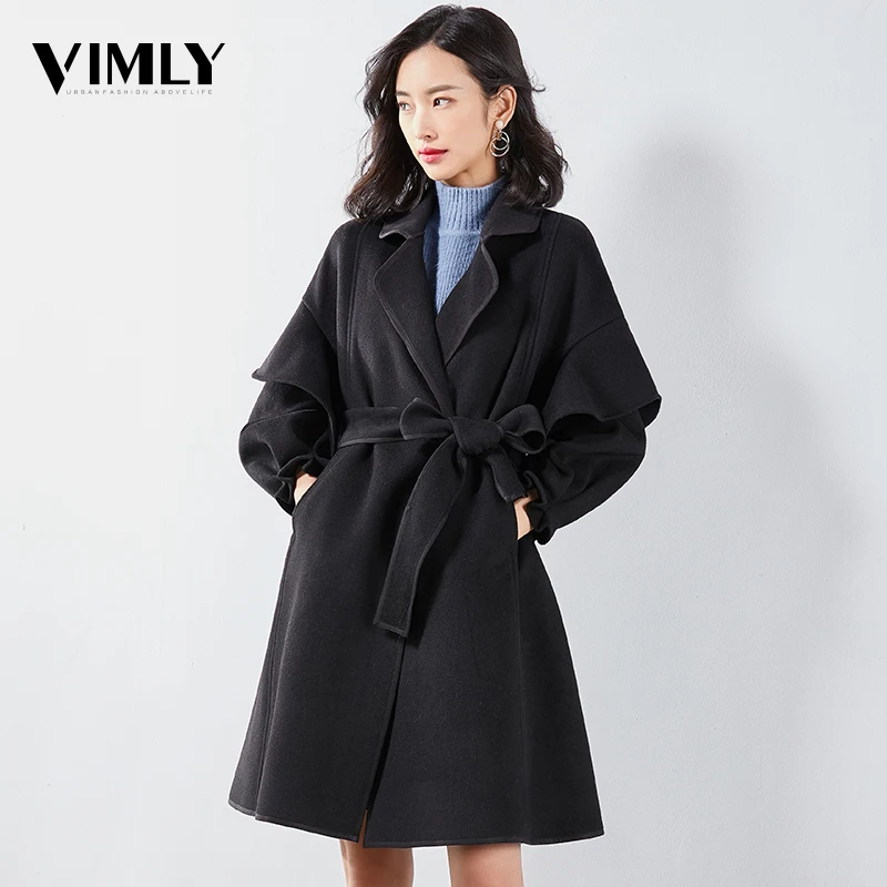Vimly Wome черное элегантное двустороннее шерстяное пальто повседневная