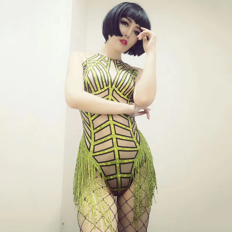 Комбинезон для ночного клуба спандекс Roupa Feminina бахрома карнавальный наряд Gogo танцор костюм сценическая одежда для певиц BL2126