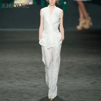 

2020 dobby Sleeves mesh hollow embroidery slim vest white color and full length office lady pants two pieces set U349