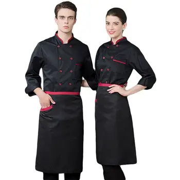 

Men Women Chef Work Uniforms Jacket Long Sleeve Stand Collar Contrast Color Edge Restaurant Kitchen Food Catering Waiter Coat