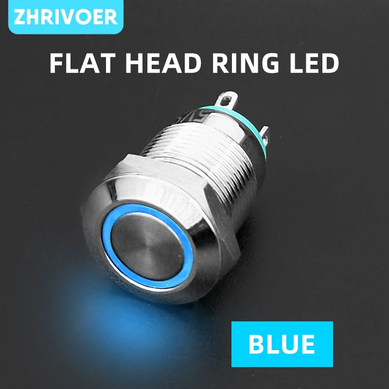 

1pcs 12mm Metal Push Button Switch Flat Head Ring LOGO 3-220V Self-reset Momentary Waterproof Car Auto Eng