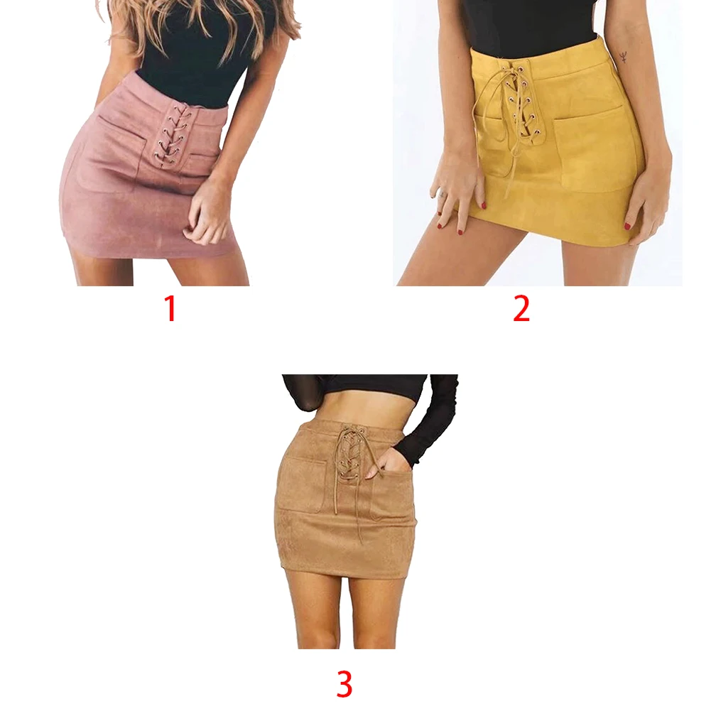 Женская короткая кожаная облегающая юбка карандаш со шнуровкой из замши с