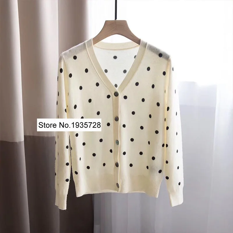 Women Beige V Neckline Cashmere Knitted Cardigan Top- Winter Newest Ladies Knitting Sweater