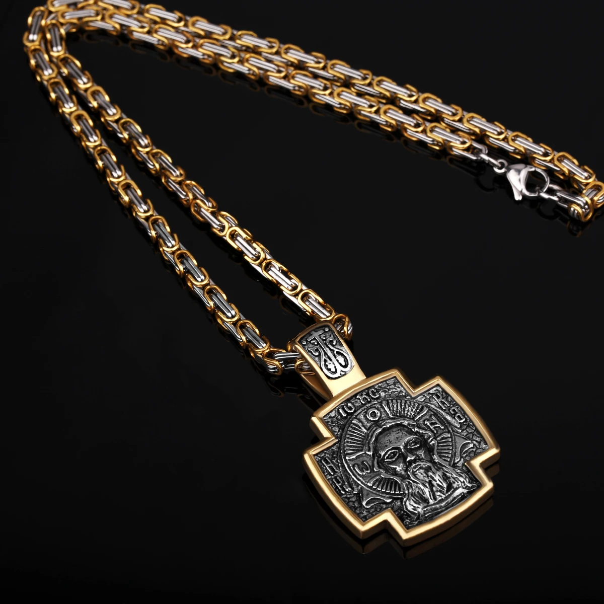 Orthodoxes Jesus Kreuz Medaillon aus 316L Edelstahl mit zweifarbiger Königskette Gold Silber.