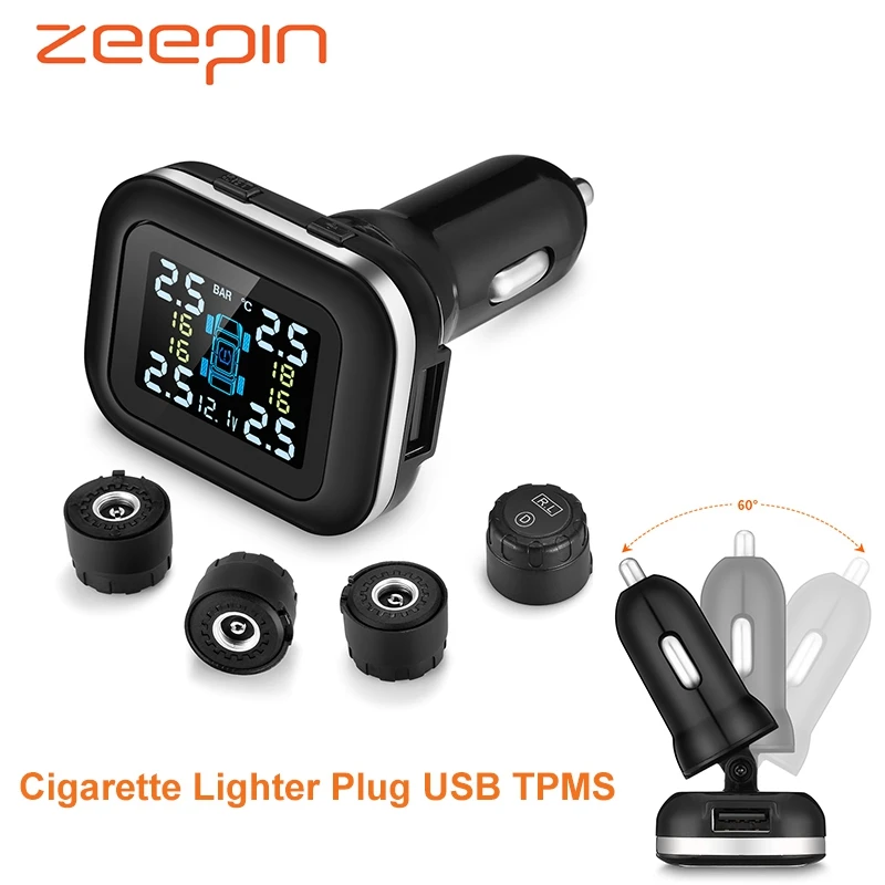 Car TPMS Cigarette Lighter Plug USB 60Degree Rotation Tire Pressure