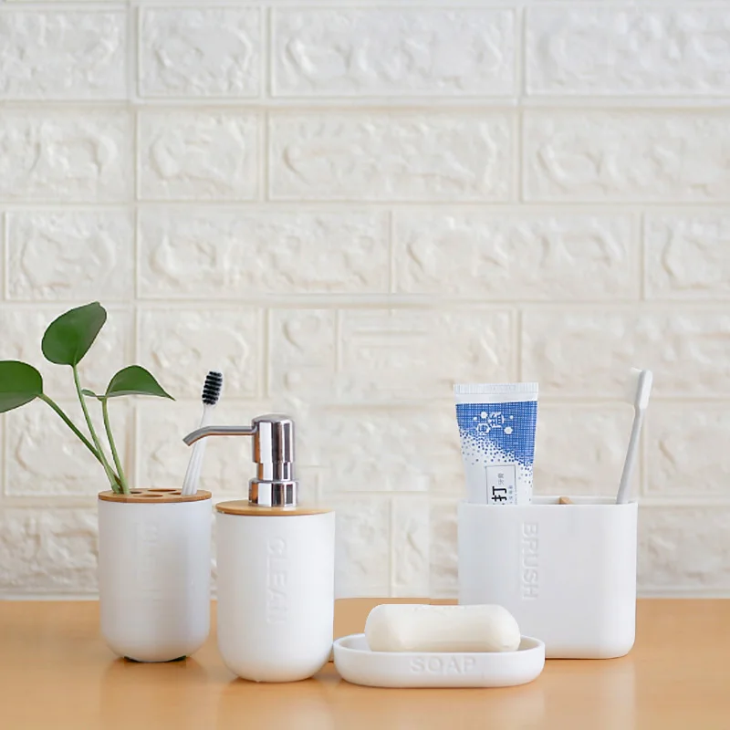 Bamboo Wood Soap Dispenser Shampoo Bottle Mouth Cup Toothbrush Holder Toothpaste Dish Bathroom Accessories Set | Дом и сад