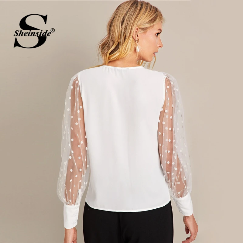 Sheinside White Contrast Polka Dot Mesh Blouse Women Autumn Elegant Bishop Sleeve Blouses Office Ladies Minimalist Top