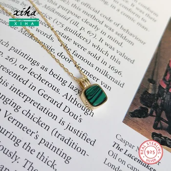 

Dark Green Stone Chunky Necklace Statement Jewelry Fashion 925 Sterling Silver Square Cute Necklaces for Girls Girlfriend Teens