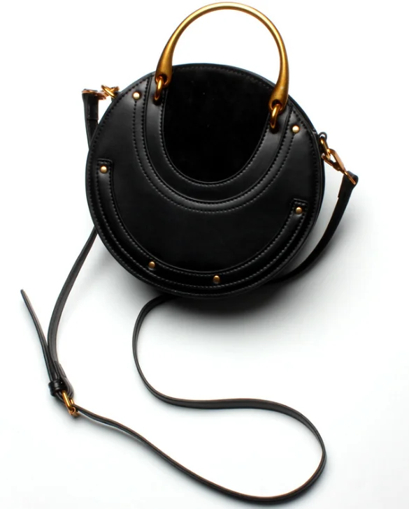 

Women Totes Bag Fashion Circular Leather Retro Brand Metal Ring Handbag For Girl Small Round Lady Shoulder Messenger Bags