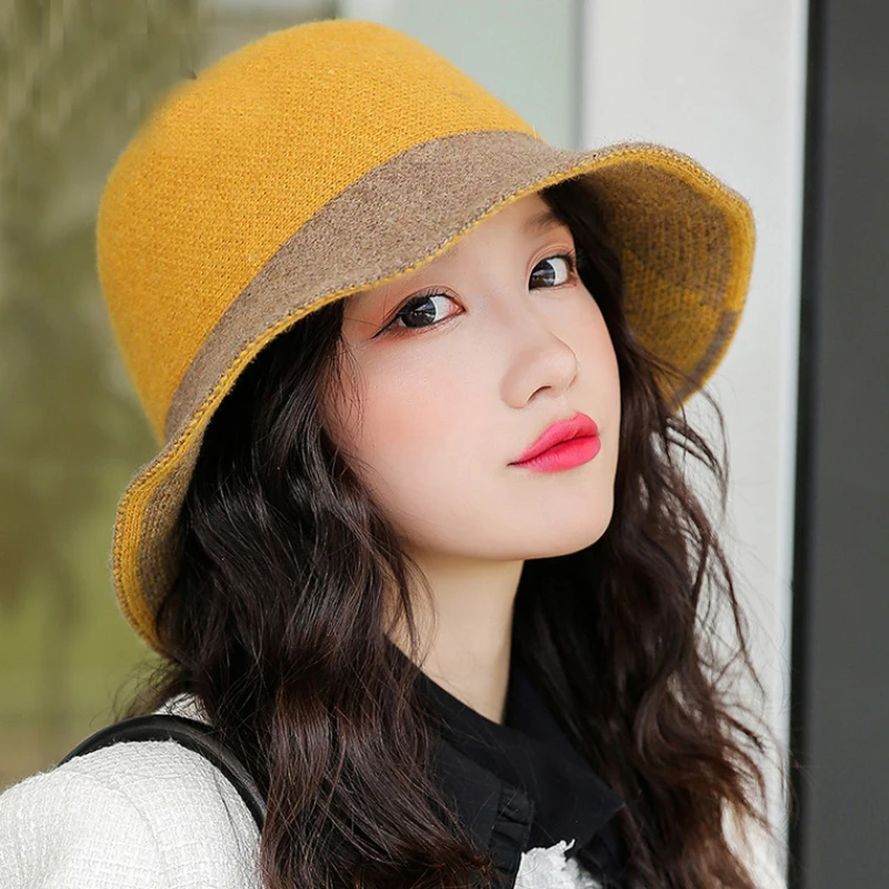 HT2768 New Fashion Knitted Hat Elegant Warm Autumn Winter Wool Hat Lady Wide Brim Bucket Hat Female Patchwork Fishing Bucket Cap