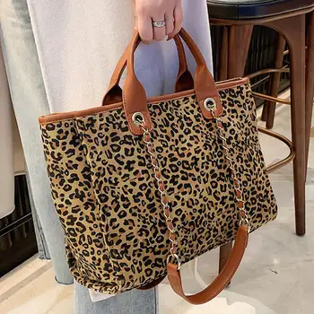 

Large Capacity Leopard Tote Bag Women Shoulder Bags 2020 New Animal Pattern Women's Handbag Designer Canvas Chain Shopper Bags