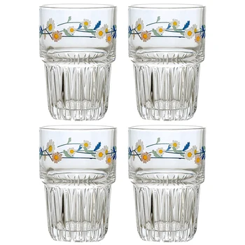 

4Pcs Pastoral Style Glass Cup Creative Retro Daisy Pattern Durable Pastoral Style Beverage Cups Glass Cup Coffee Cup for Home