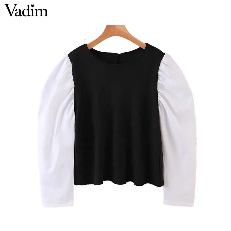 

Vadim women stylish patchwork basic blouses stretchy long puff sleeve shirts female casual chic tops blusas mujer LB765