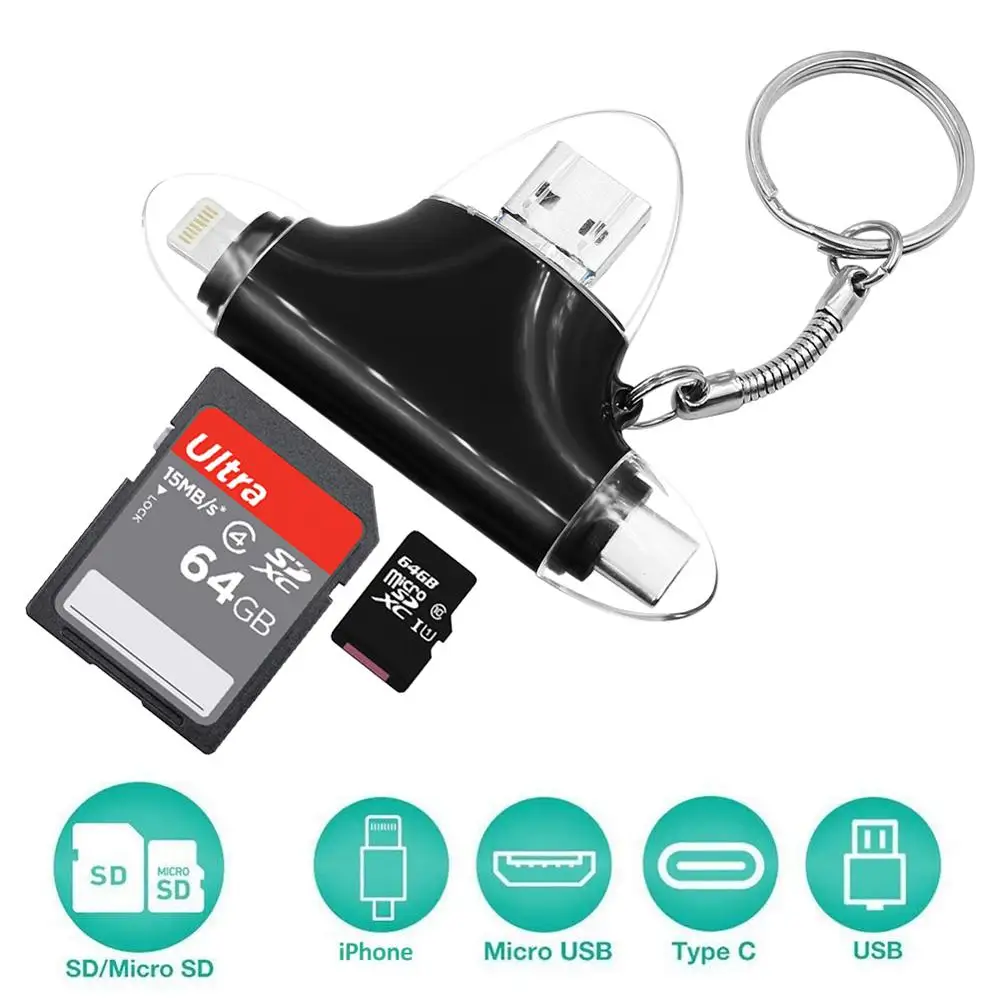 Кард-ридер 4 в 1 устройство для чтения SD/Tf карт и адаптер USB C Micro SD компьютера iPhone iPad