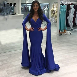 LORIE Royal Blue Mermaid Evening Dress with Long Sleeve Ribbons Pleat Elegant V-Neck Satin Formal Dubai Beach Prom Party Gowns