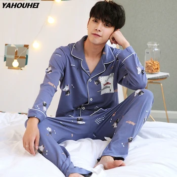 

100% Cotton Casual Pajamas Sets For Men 2019 Autumn Winter Long Sleeve Soft Comfortable Pyjama Male Homewear Lounge Home Clothes
