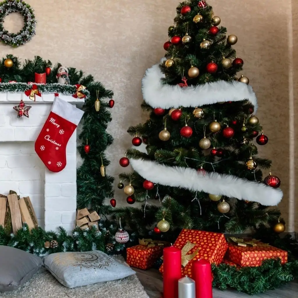 275cm Christmas White Faux Fur Ribbon Trim Fabric Roll for Xmas Tree Decoration 2PCS