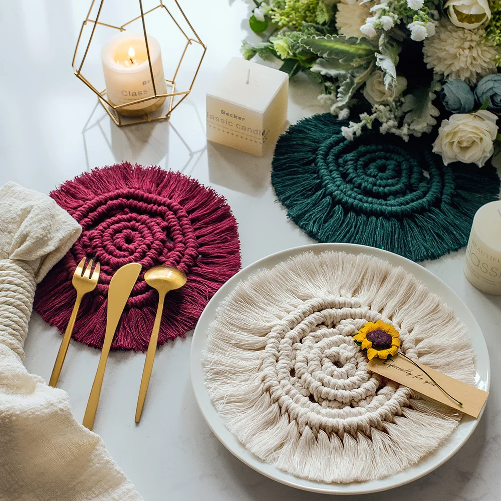 

2Pcs Macrame Coasters Set for Dining Table Decor Handmade Coaster Placemat With Tassels Coffee Christmas Kitchen Decoration