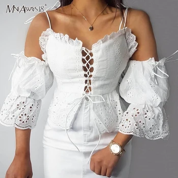 

Mnealways18 Embroidery Hollow Out White Blouse Spaghetti Strap Sleeveless Crop Top Women Sexy Lace Up Puff Sleeve Shirt Summer