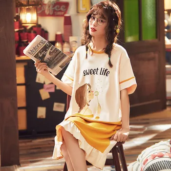 

Cotton Nightdress Summer Short Sleeves Thin Mid-length Cartoon Sleepwear Korean Style Girls Ropa De Dormir Cute Sleepwear Women